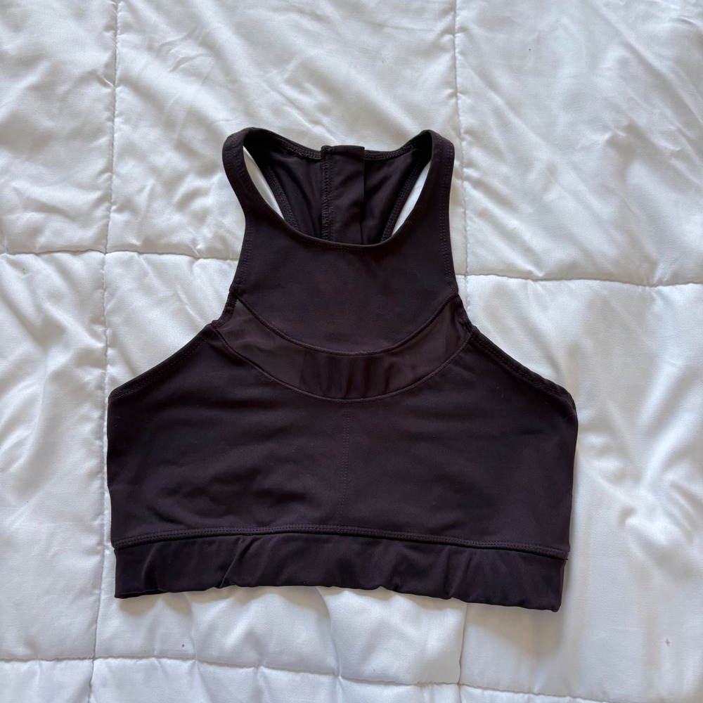 ENCE Womens High Neck Mesh Racerback Sports Bra Espresso Brown Large Zip Back